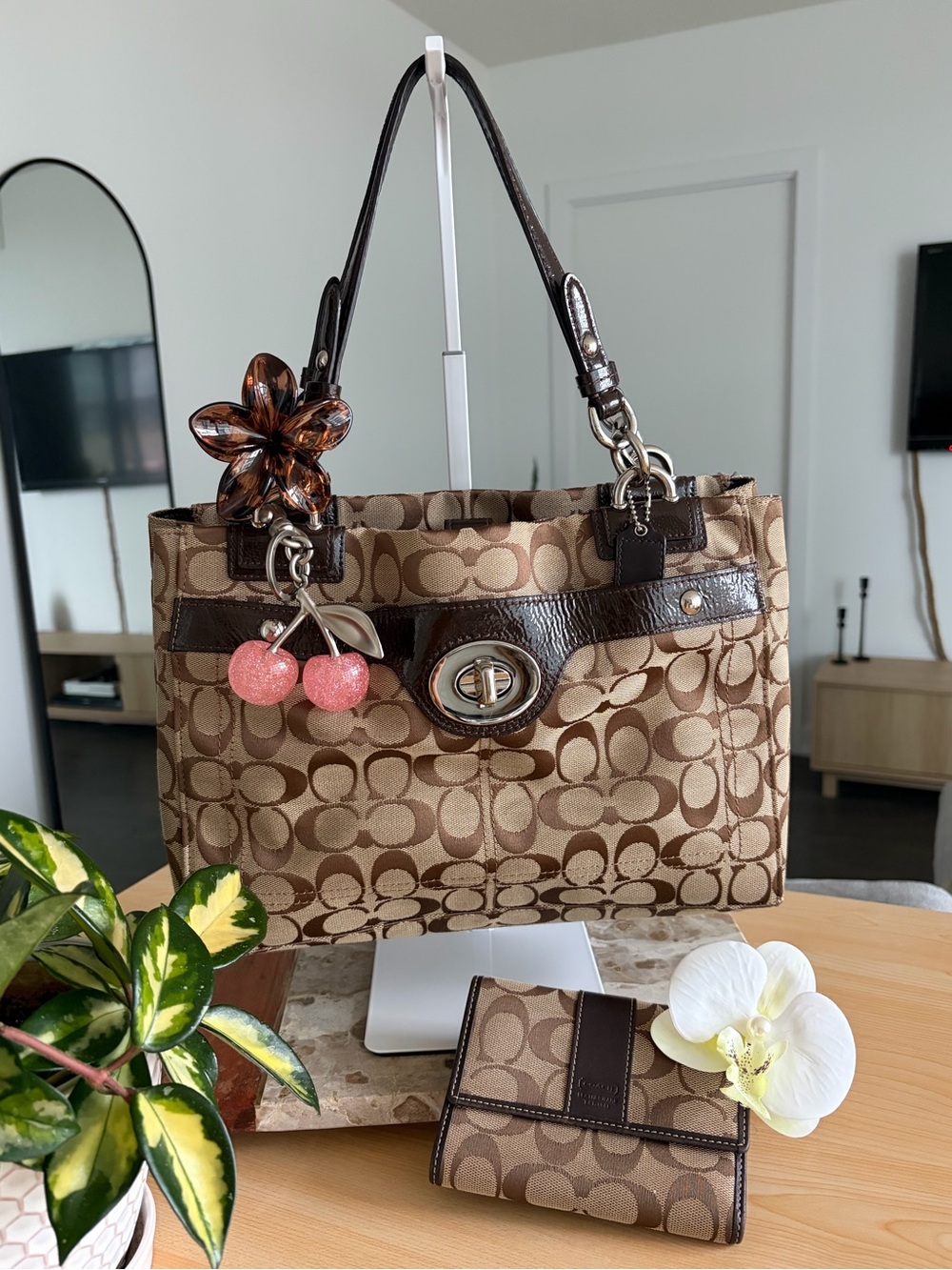 Coach Penelope Signature Brown Canvas & Silver Hardware Turn Lock Tote + Wallet
